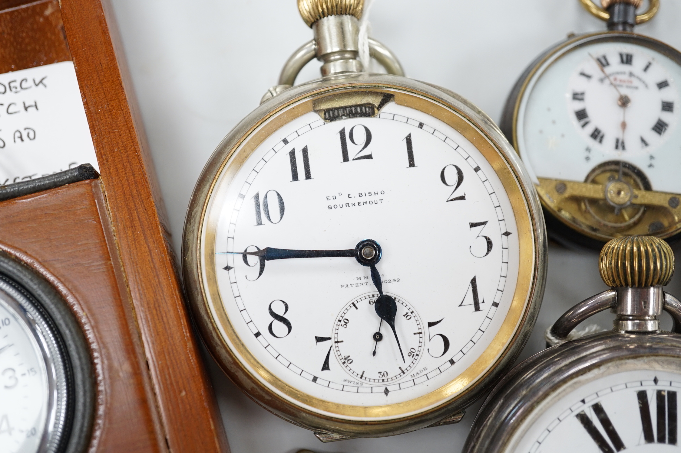 Ten assorted base metal pocket watches including two Goliath one by Bishop of Bournemouth.